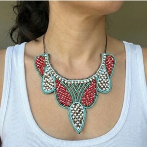 Boho Beaded Bib Necklace Turquoise Red Statement‎ Colorful Artisan Festival